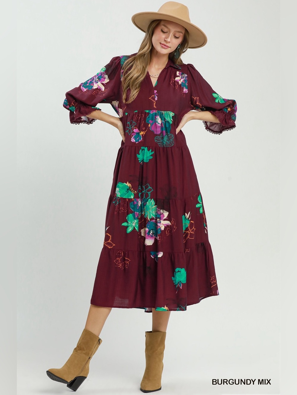 Umgee Floral Print Tiered Midi Dress with Puff Sleeves - Picture 4 of 6